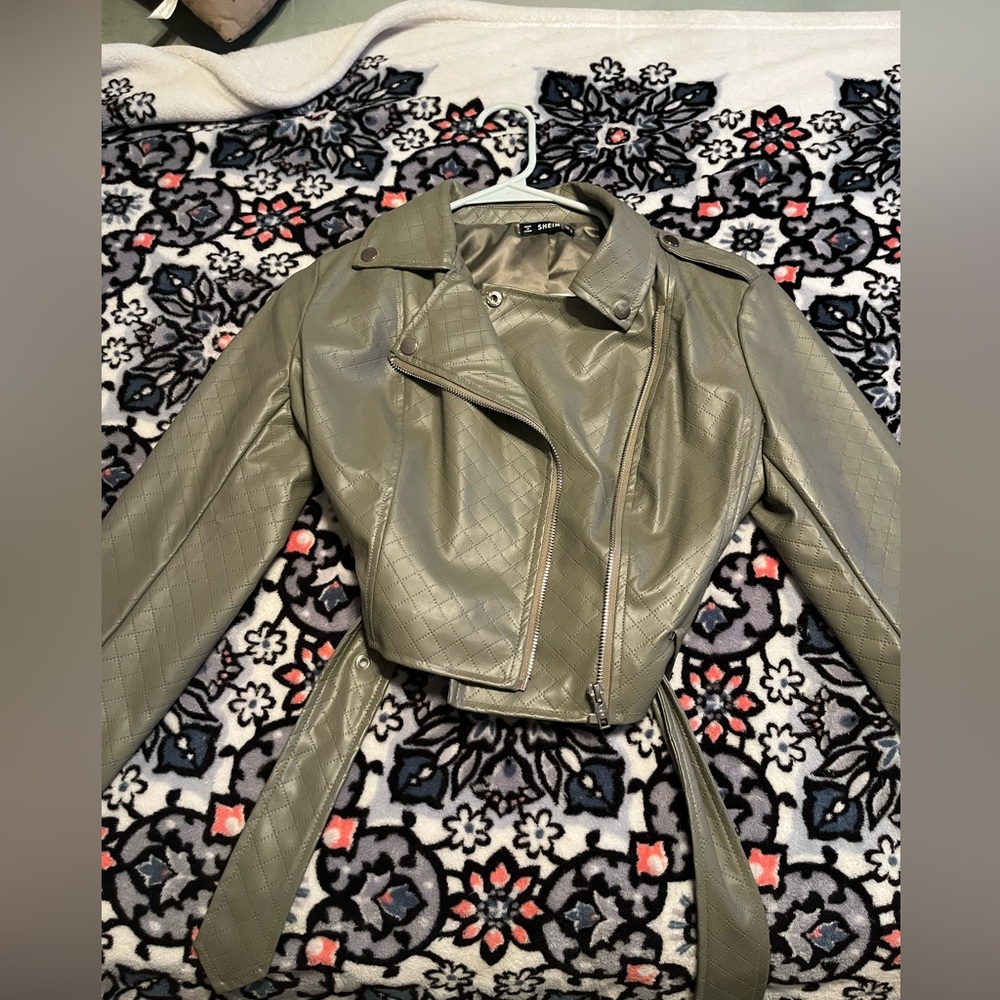 Green Faux Leather Cropped Jacket